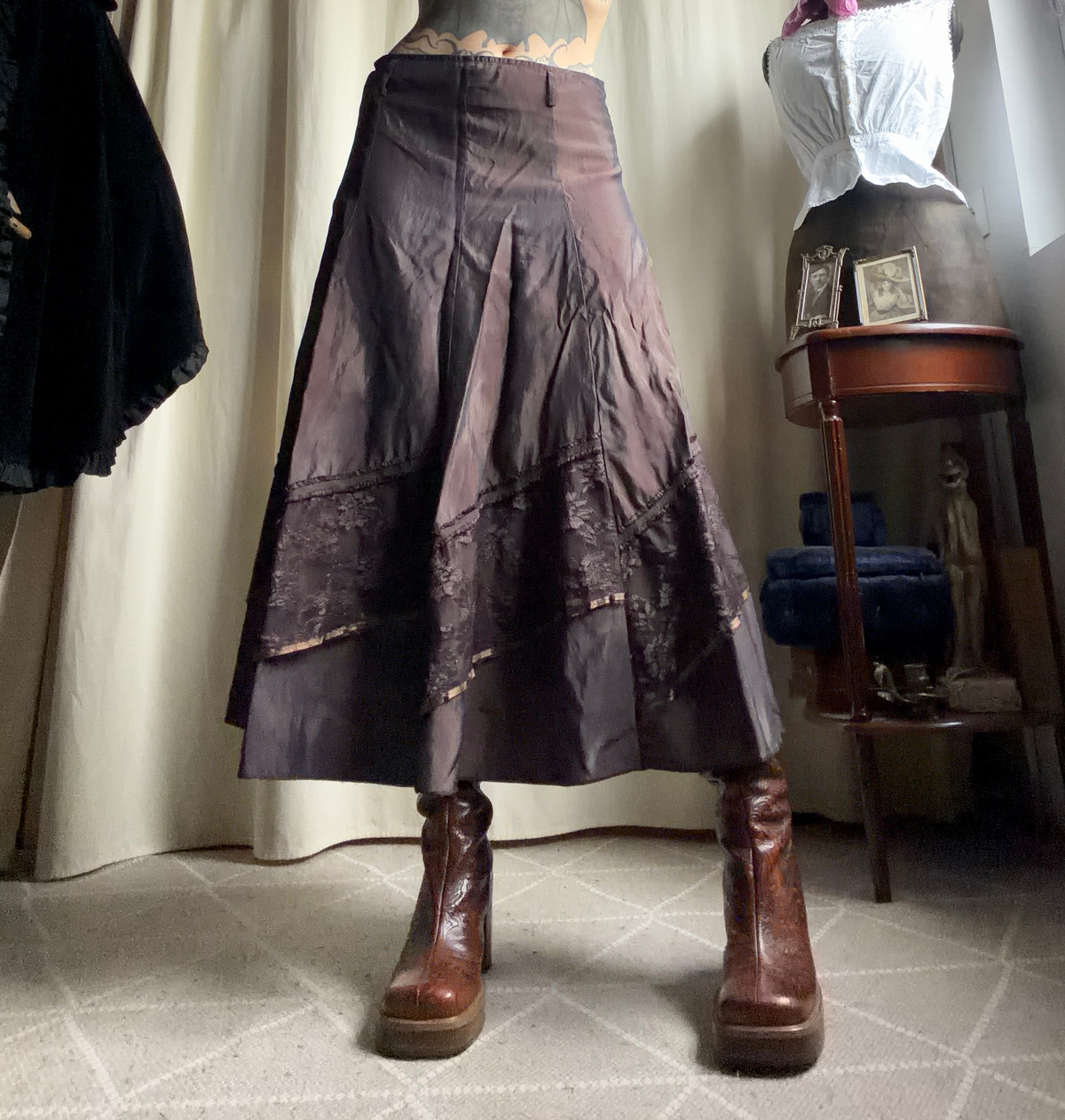 Jupe longue marron à panneaux de dentelle style fairygrunge 00s - taille L