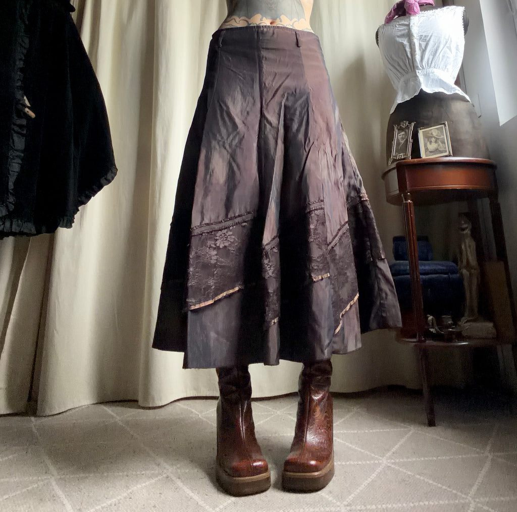 Jupe longue marron à panneaux de dentelle style fairygrunge 00s - taille L