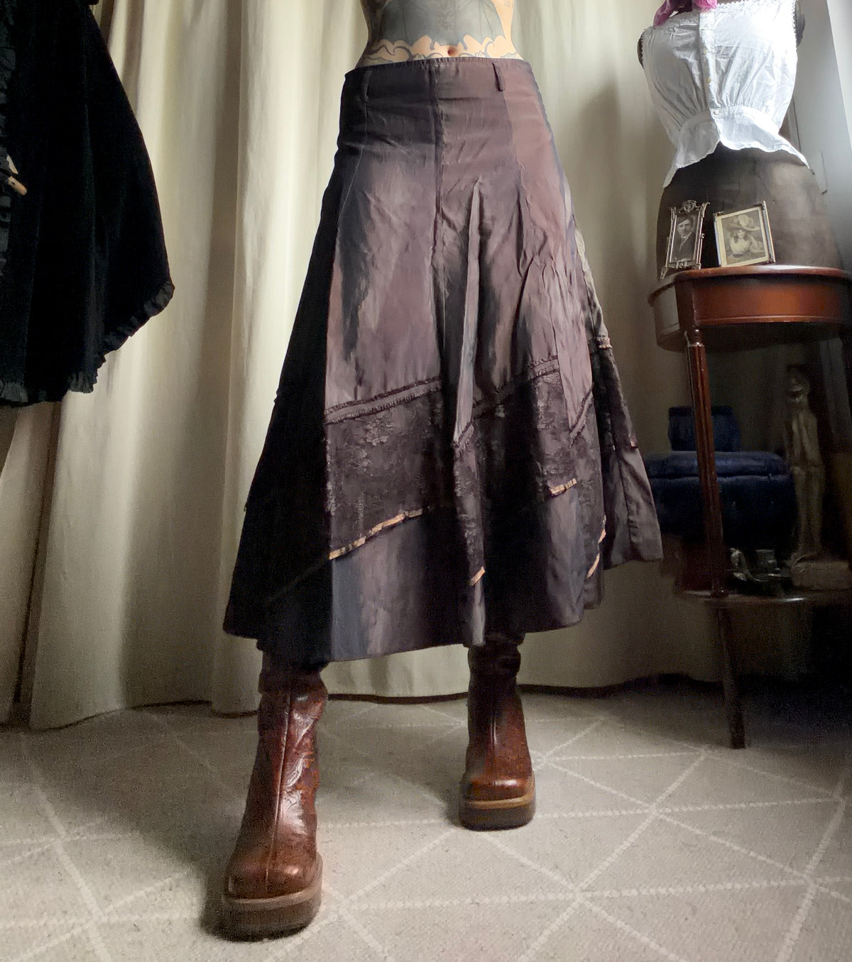 Jupe longue marron à panneaux de dentelle style fairygrunge 00s - taille L