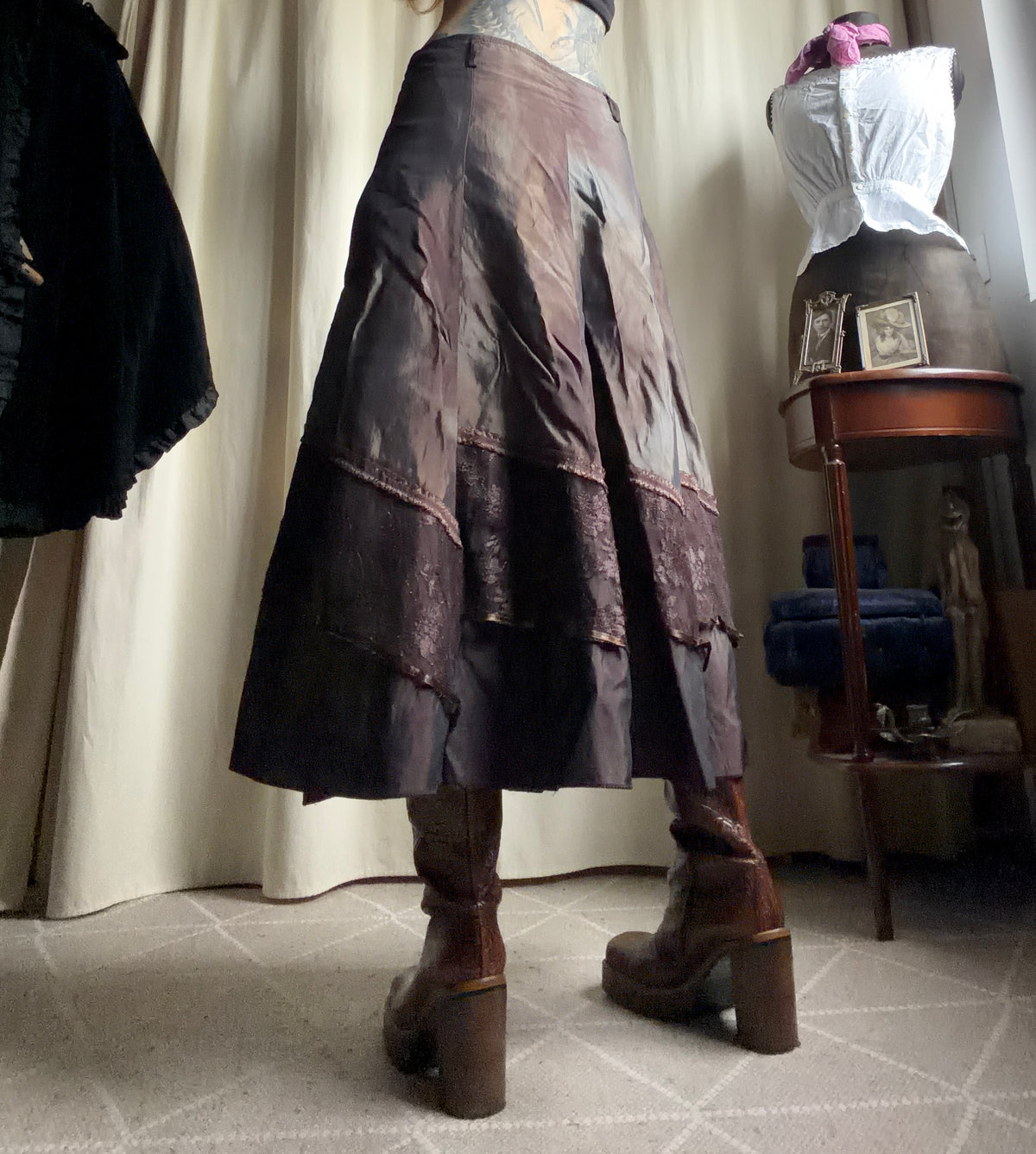 Jupe longue marron à panneaux de dentelle style fairygrunge 00s - taille L