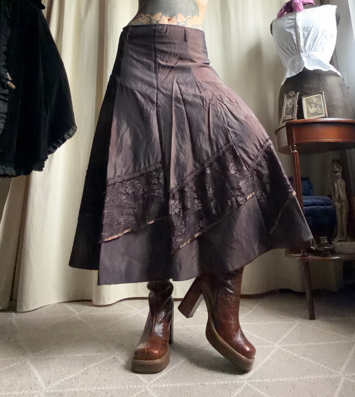 Jupe longue marron à panneaux de dentelle style fairygrunge 00s - taille L