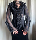 Blouse noire transparente à volants style vampy goth 90s – taille M/L
