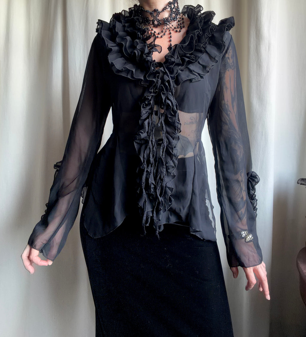 Blouse noire transparente à volants style vampy goth 90s – taille M/L
