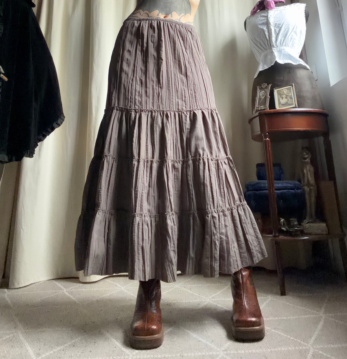Jupe maxi kaki ample et volantée style fairygrunge whimsigoth - taille S/M