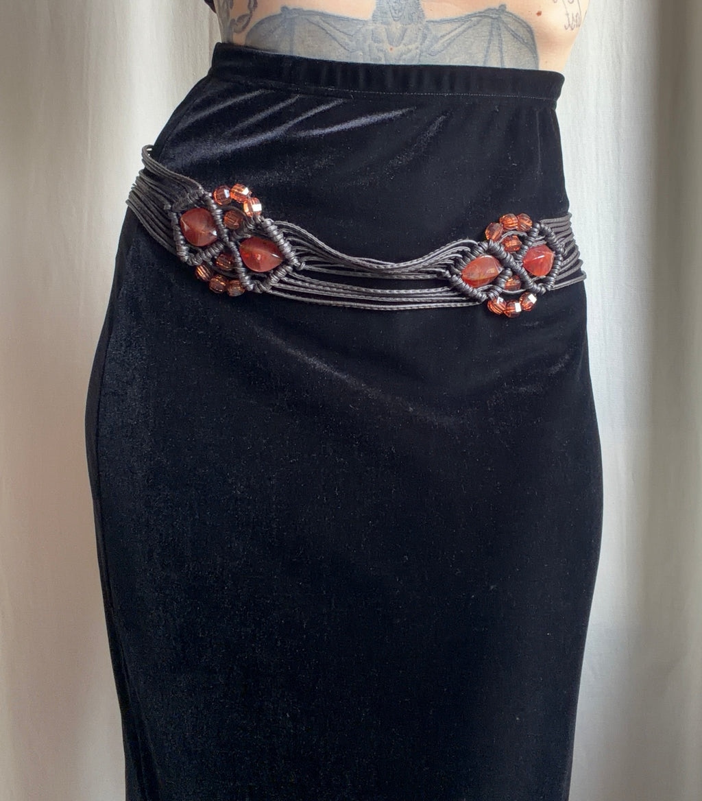 Ceinture de taille macramé marron perles orange ambré – ajustable