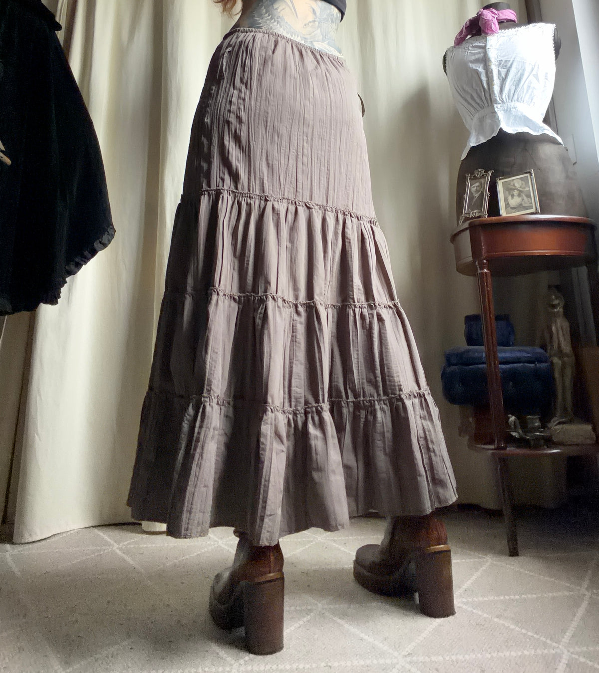Jupe maxi kaki ample et volantée style fairygrunge whimsigoth - taille S/M