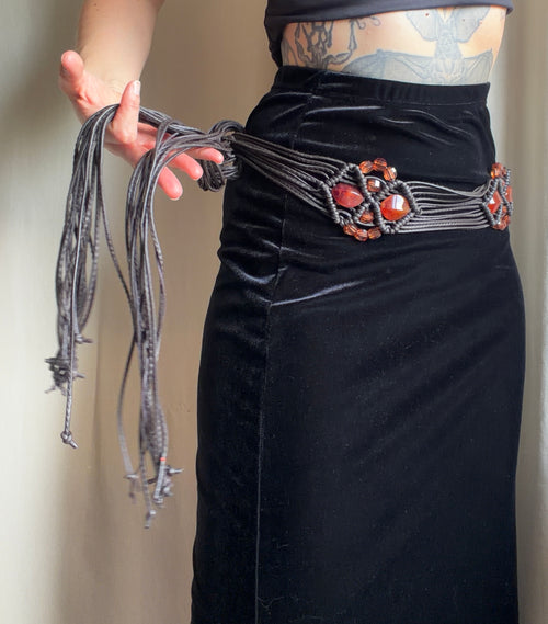 Brown macrame waist belt with amber orange beads – adjustable