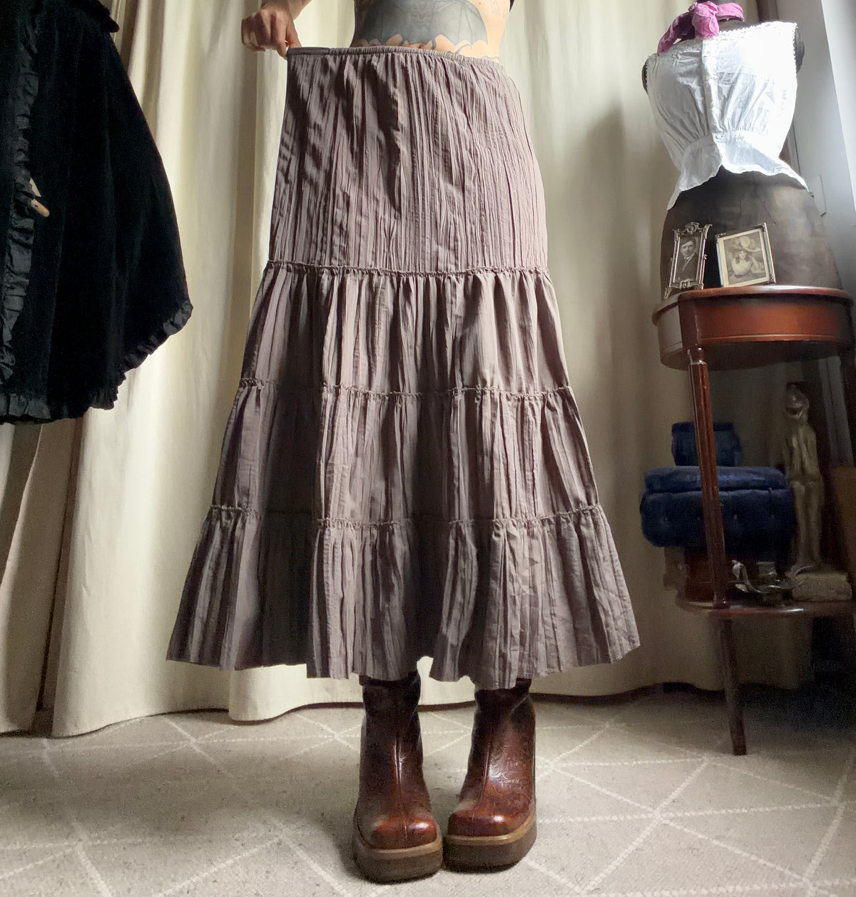 Jupe maxi kaki ample et volantée style fairygrunge whimsigoth - taille S/M