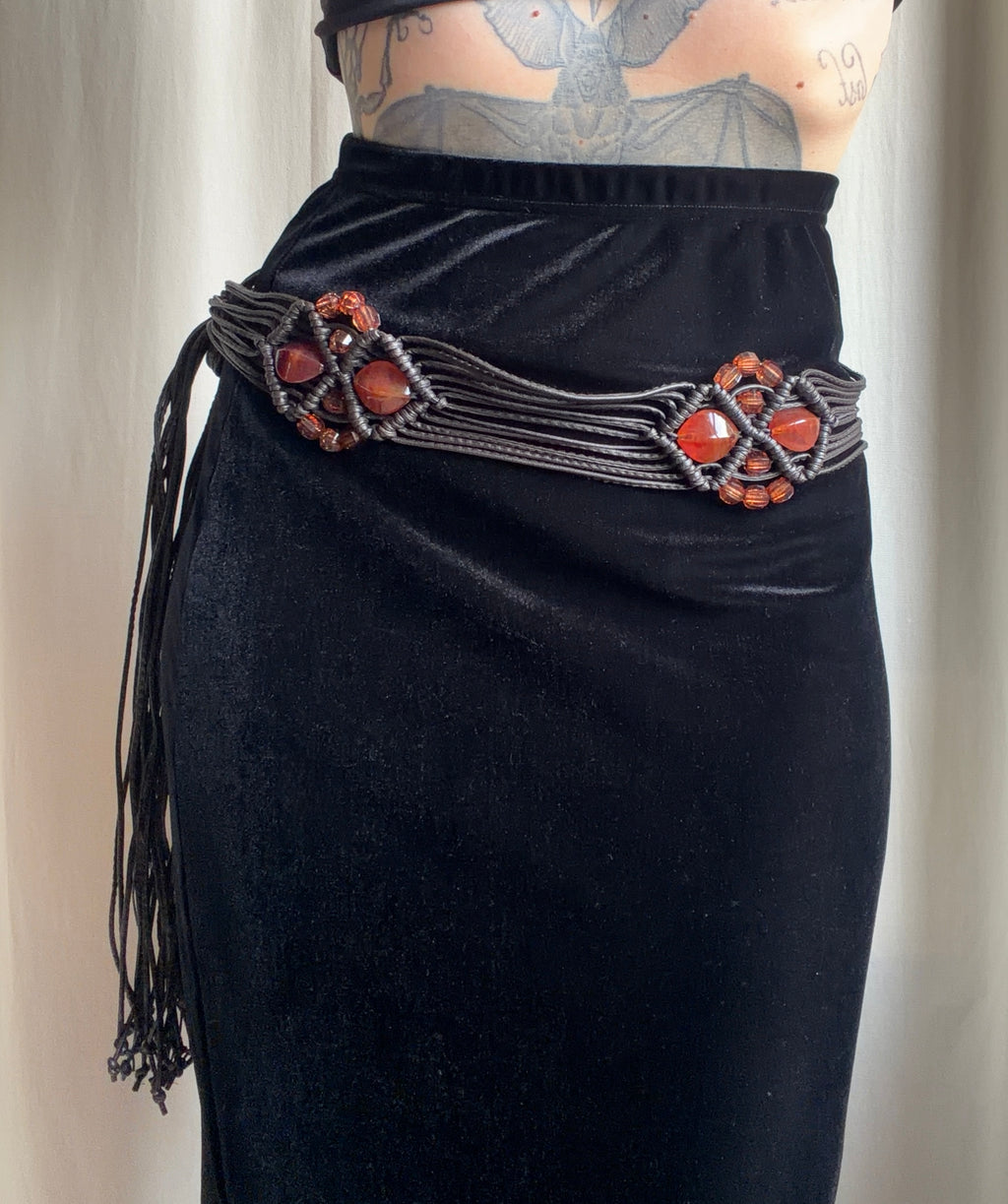 Ceinture de taille macramé marron perles orange ambré – ajustable