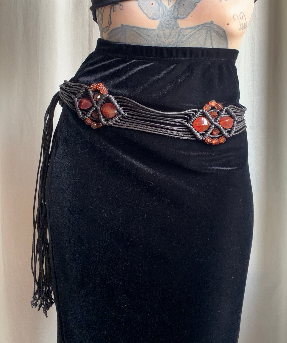 Ceinture de taille macramé marron perles orange ambré – ajustable