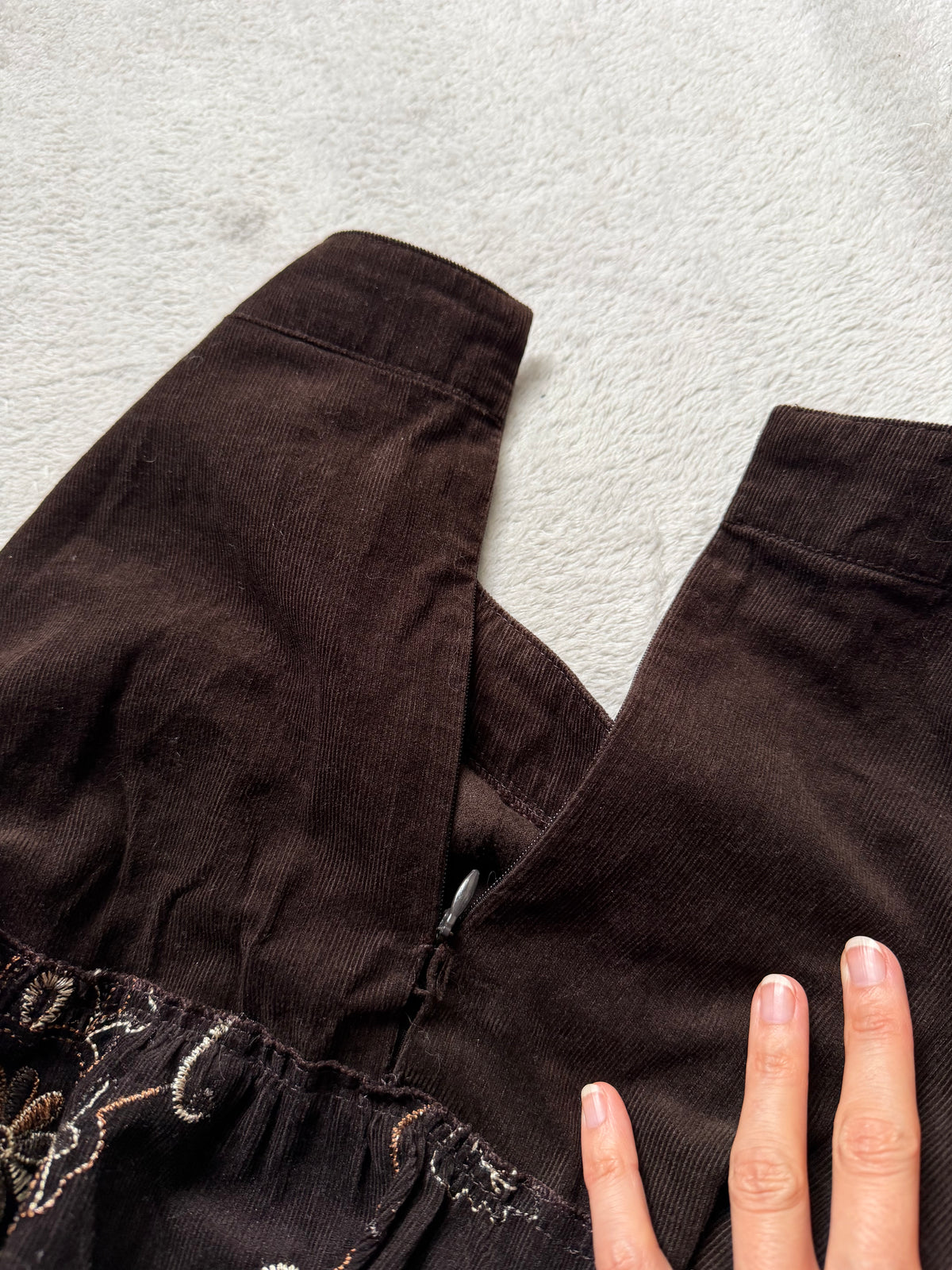 Long brown velvet skirt with floral embroidery whimsigoth boho goth style - size L/XL