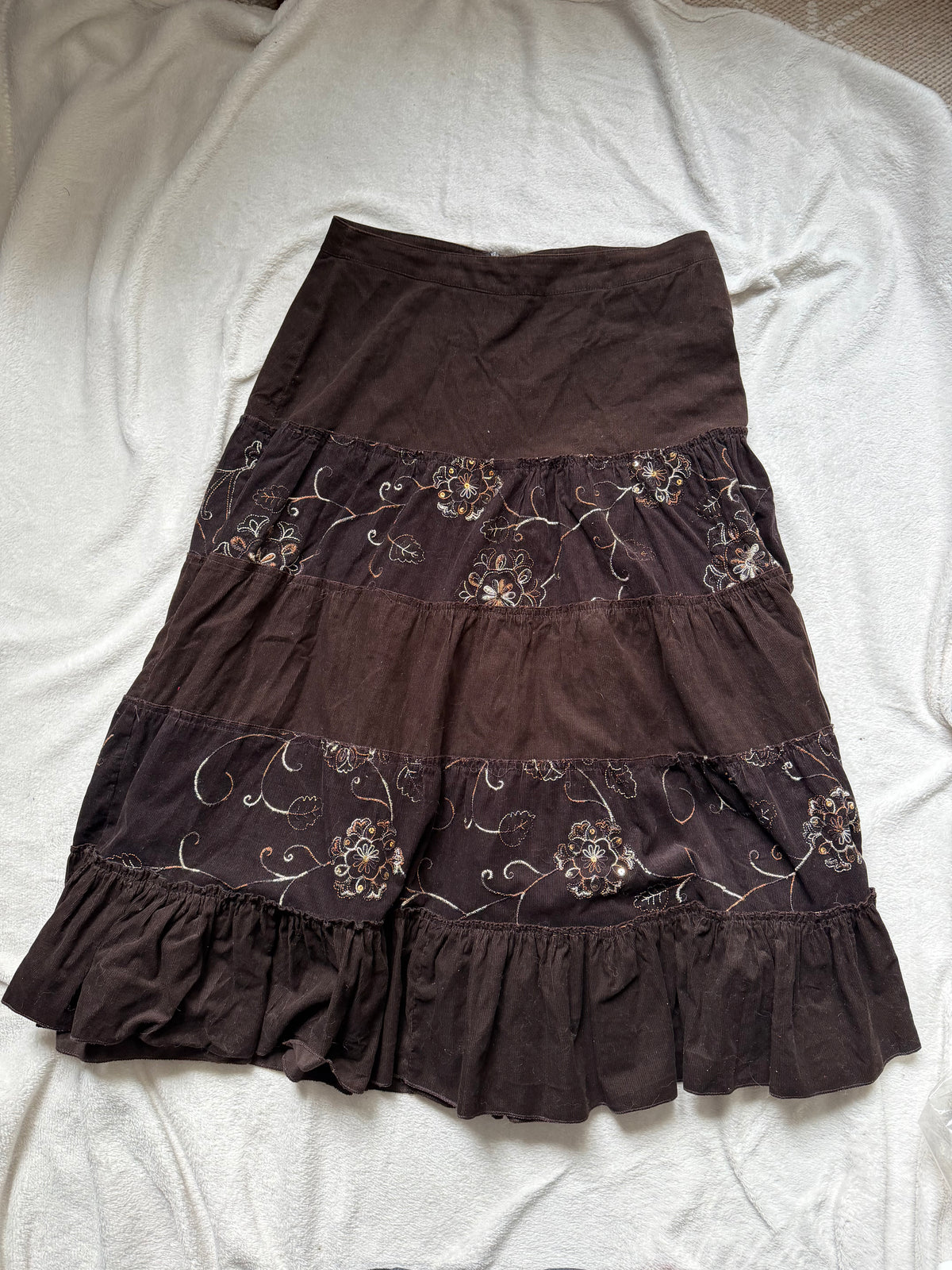 Long brown velvet skirt with floral embroidery whimsigoth boho goth style - size L/XL