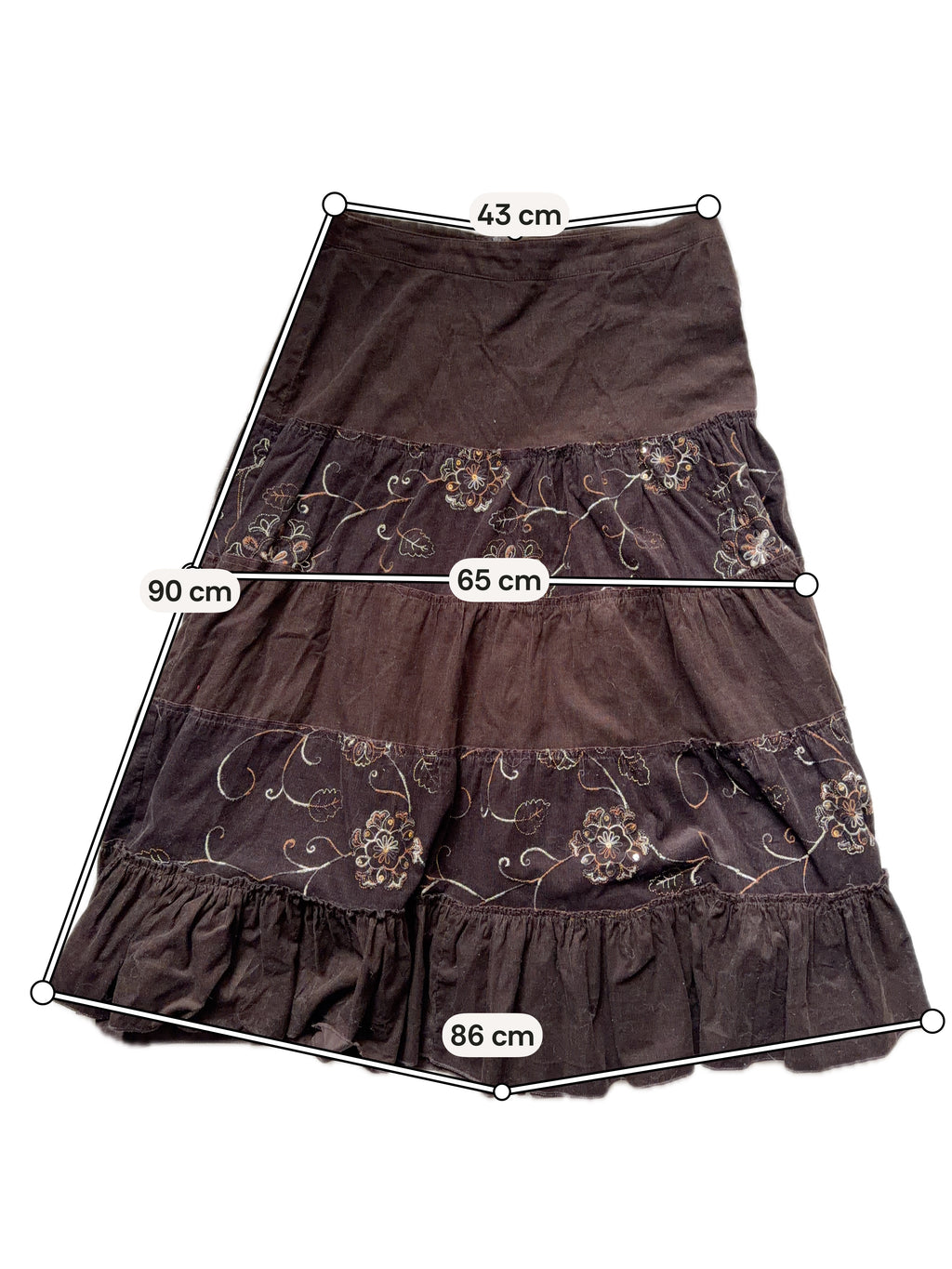 Long brown velvet skirt with floral embroidery whimsigoth boho goth style - size L/XL