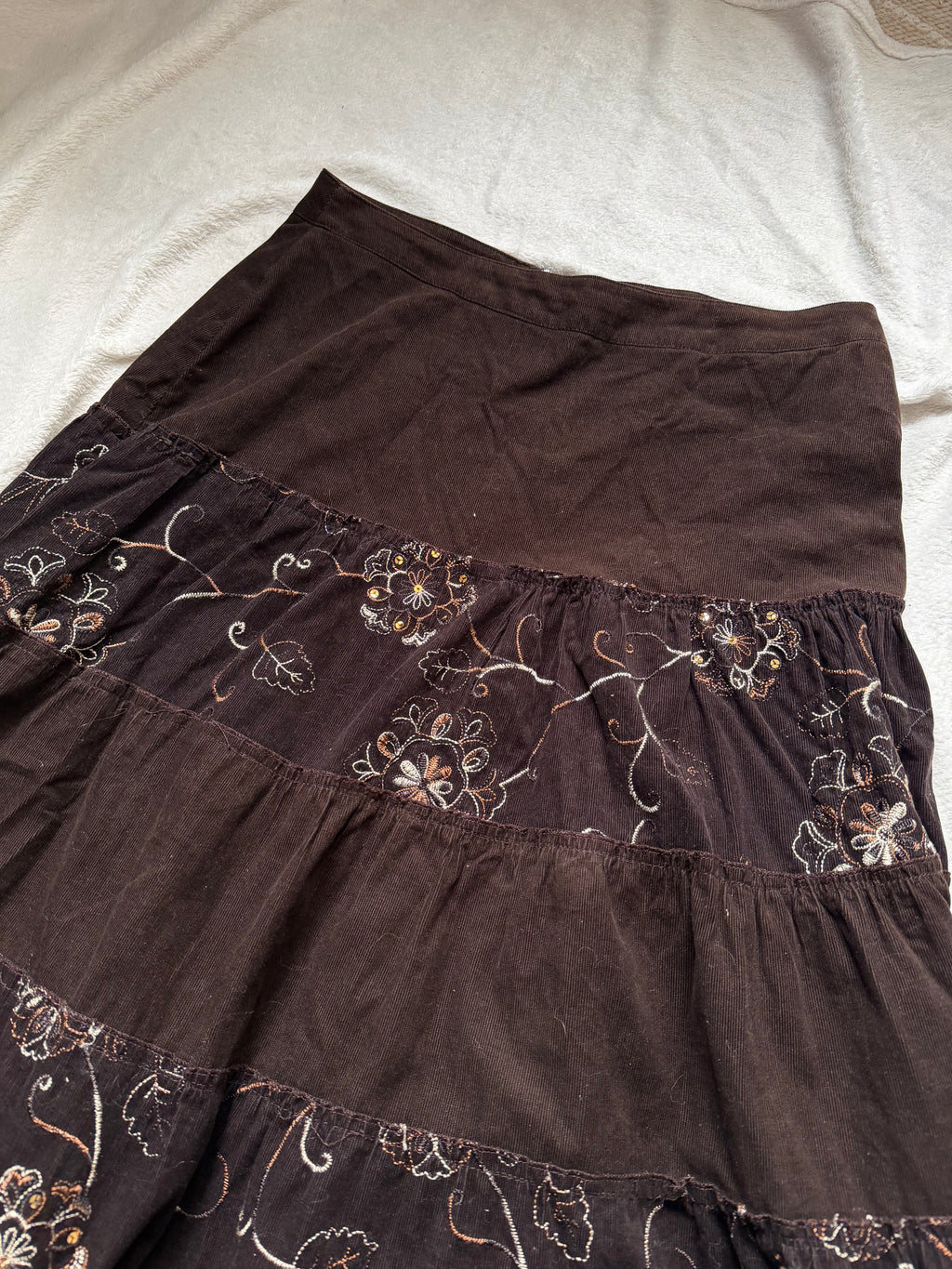 Long brown velvet skirt with floral embroidery whimsigoth boho goth style - size L/XL
