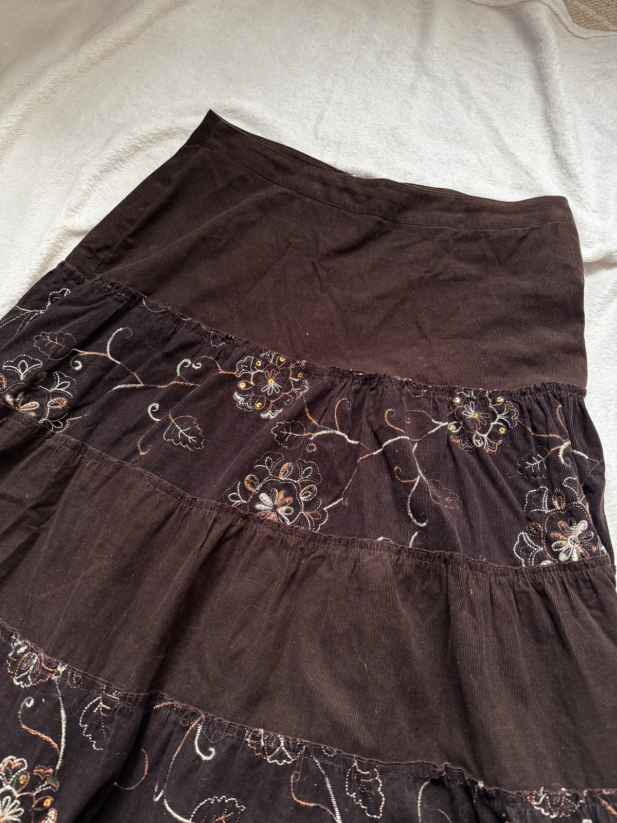 Long brown velvet skirt with floral embroidery whimsigoth boho goth style - size L/XL
