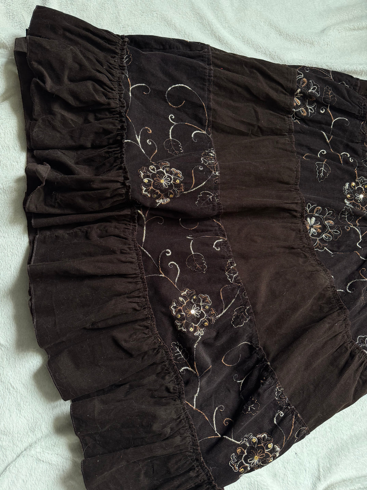 Long brown velvet skirt with floral embroidery whimsigoth boho goth style - size L/XL