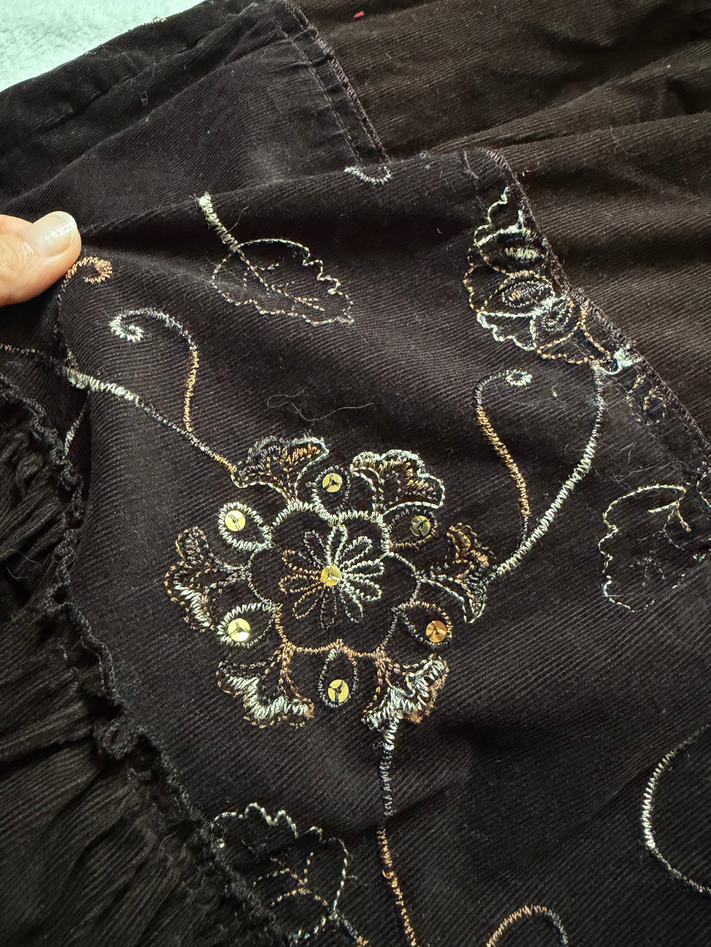 Long brown velvet skirt with floral embroidery whimsigoth boho goth style - size L/XL