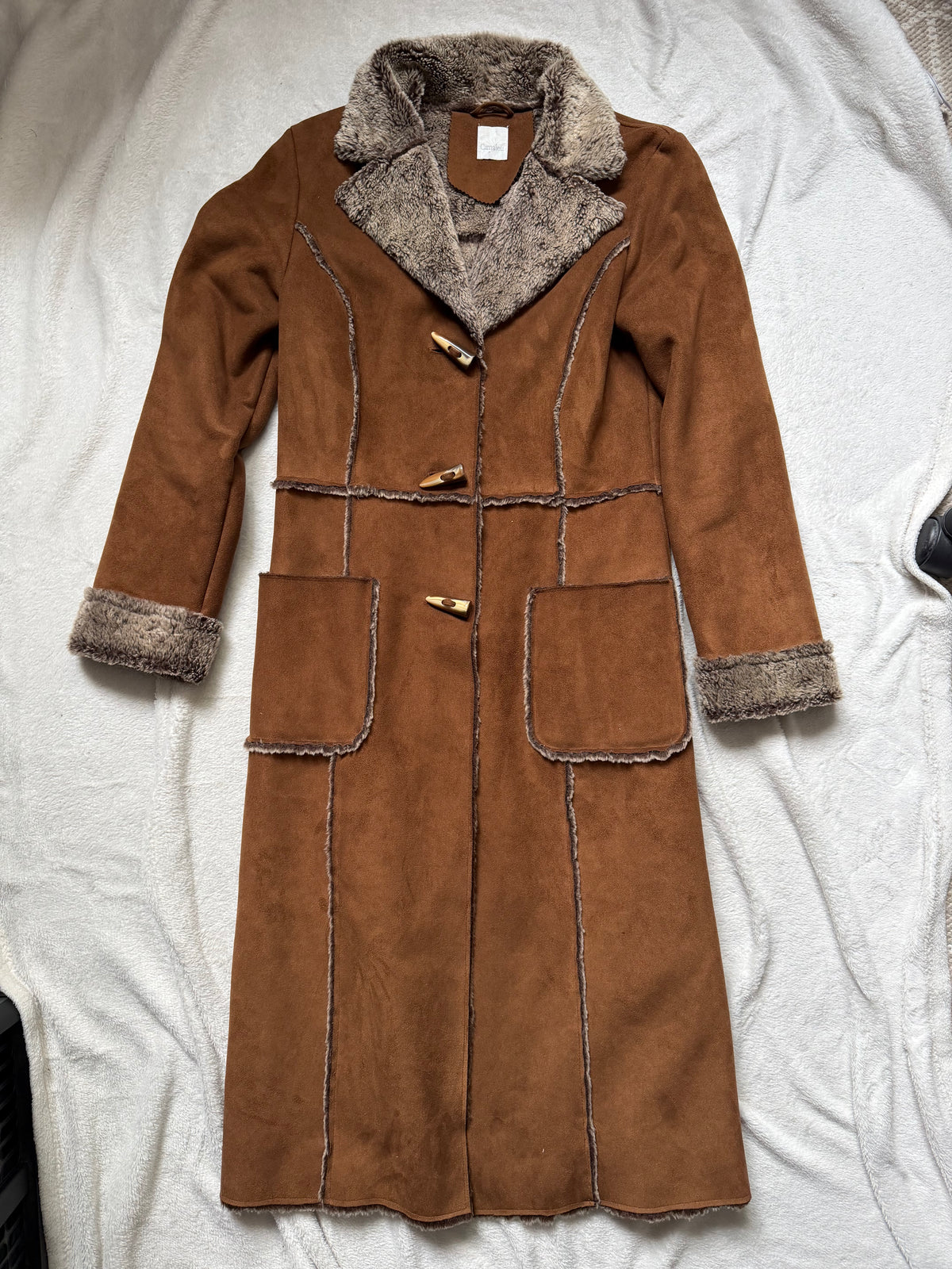 70s Brown Faux Shearling Long Coat - size M