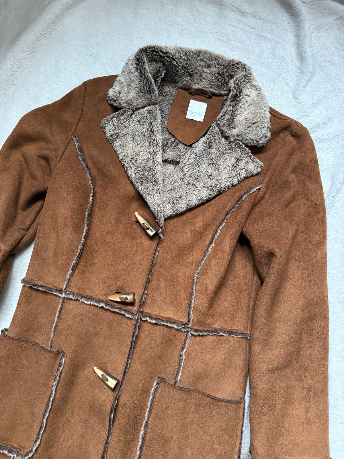 70s Brown Faux Shearling Long Coat - size M