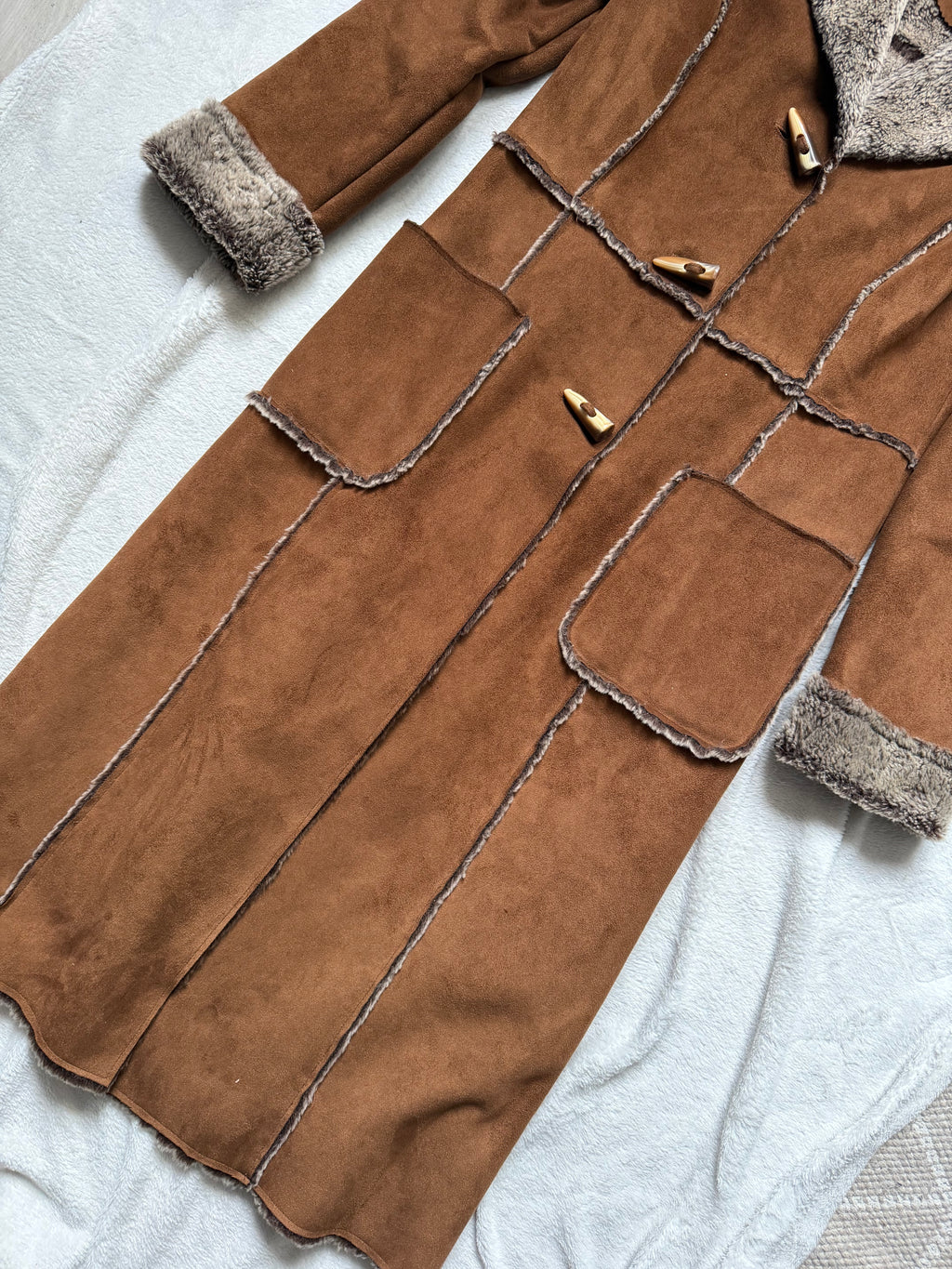 70s Brown Faux Shearling Long Coat - size M