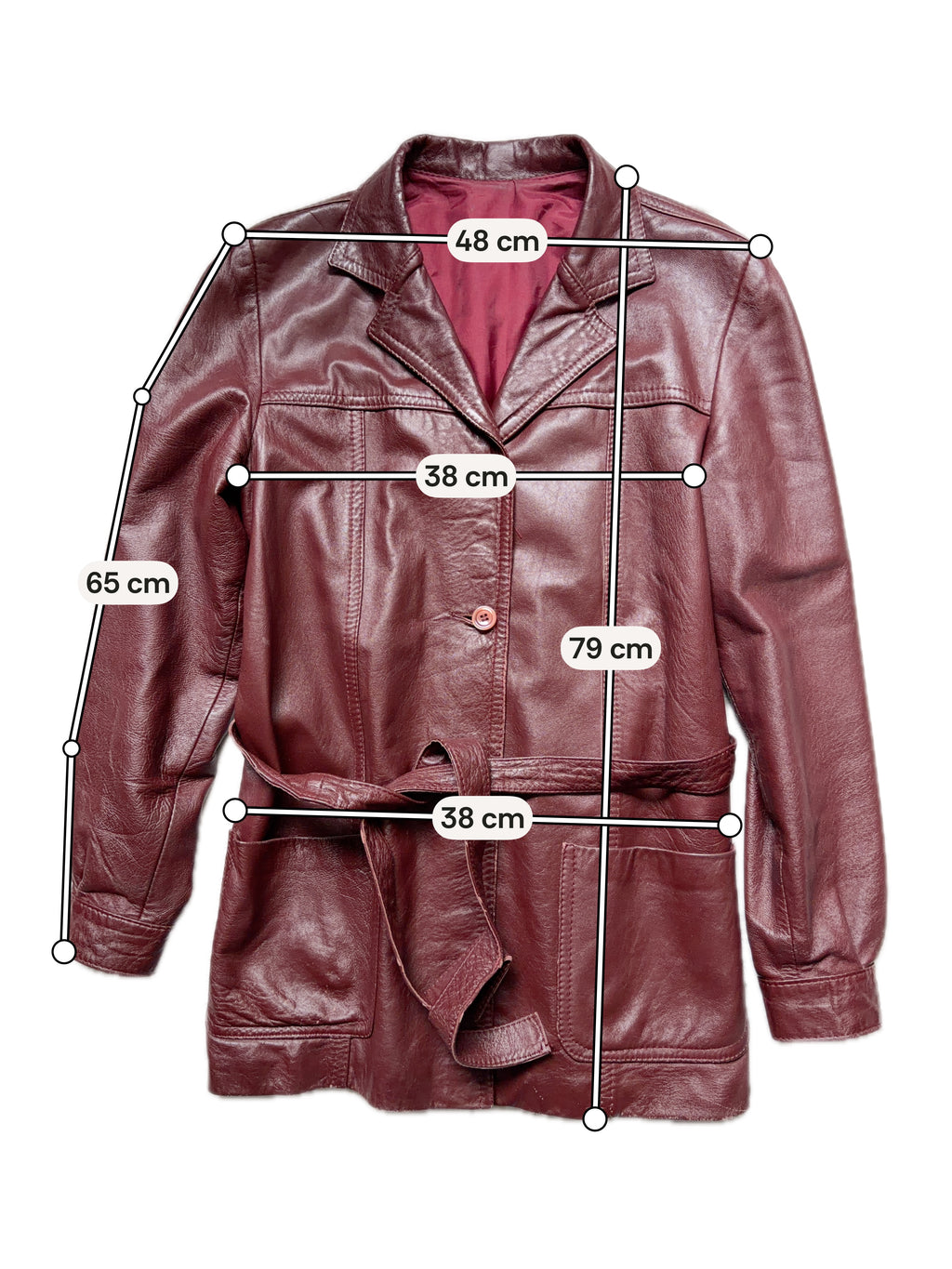 Veste en cuir bordeaux cintrée et ceinturée style 70s - taille M/L