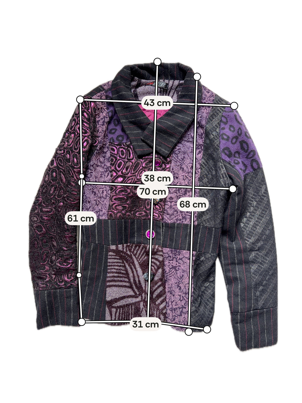 Veste patchwork violette à boutons bijoux - whimsigoth avant-garde - taille S/M