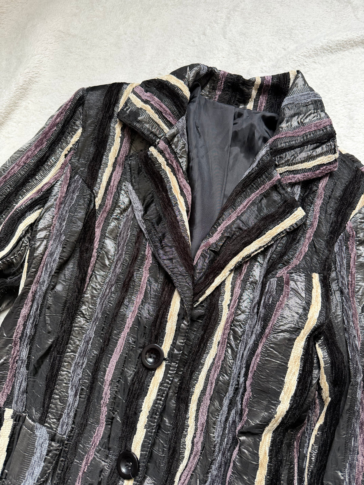 Black textured striped fitted blazer, avant-garde 90s corporate goth style – size S