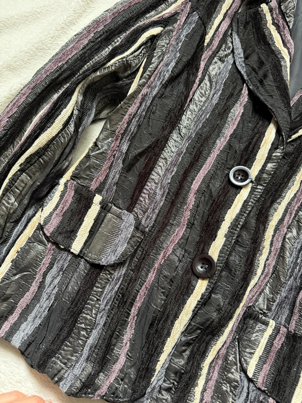 Black textured striped fitted blazer, avant-garde 90s corporate goth style – size S