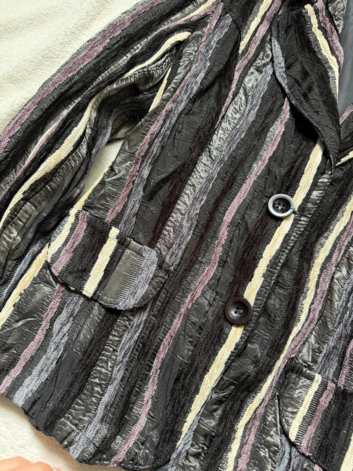 Black textured striped fitted blazer, avant-garde 90s corporate goth style – size S