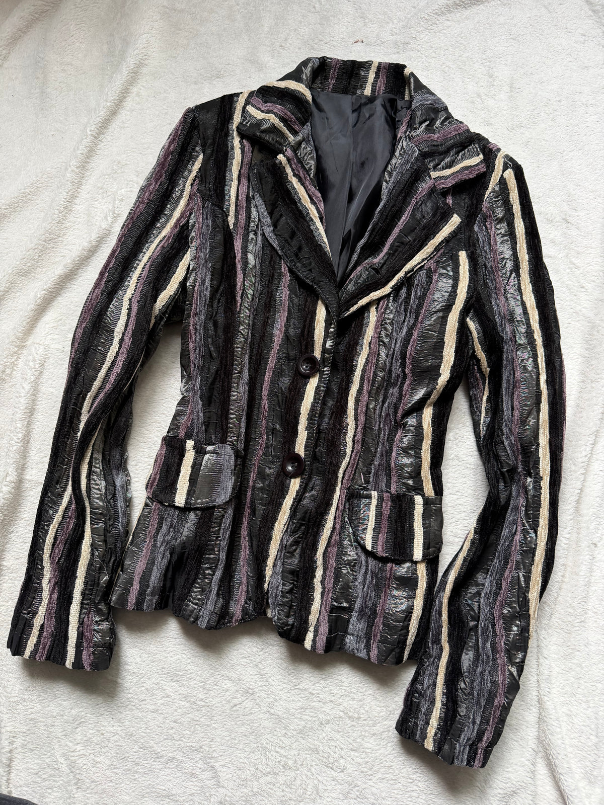 Black textured striped fitted blazer, avant-garde 90s corporate goth style – size S
