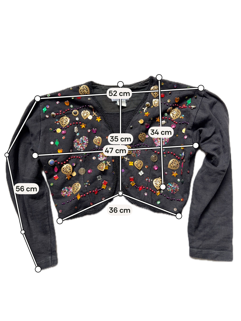 Boléro noir orné de perles strass et breloques style kitsch 80s whimsigoth - taille S