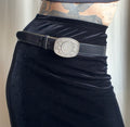 Ceinture cuir noir boucle western argentée à strass – taille 85