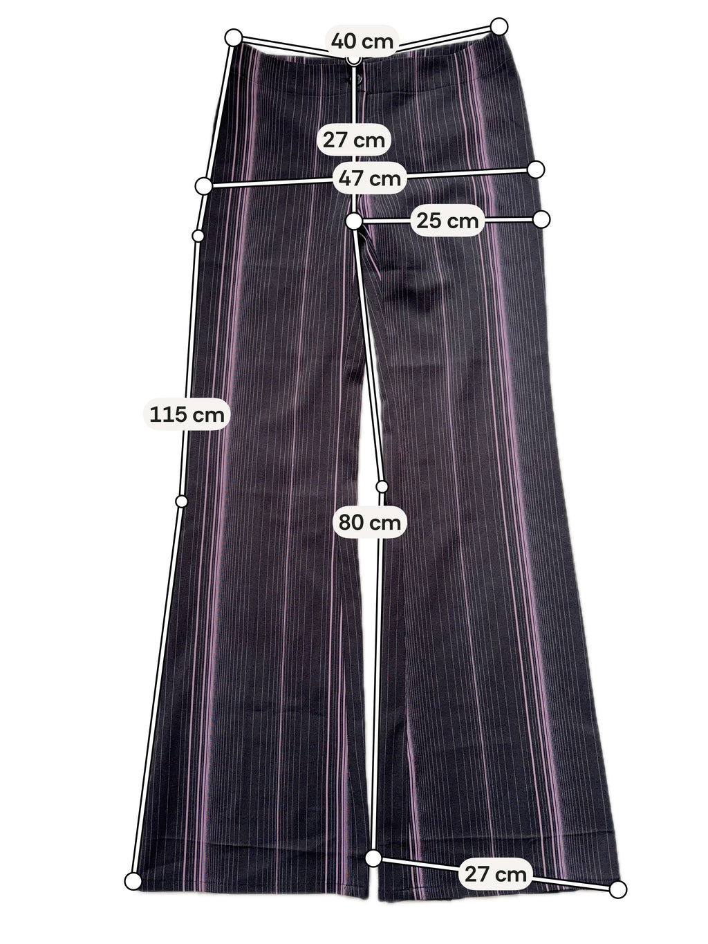 Pantalon noir à fines rayures roses coupe flare style office siren corporate goth – taille S