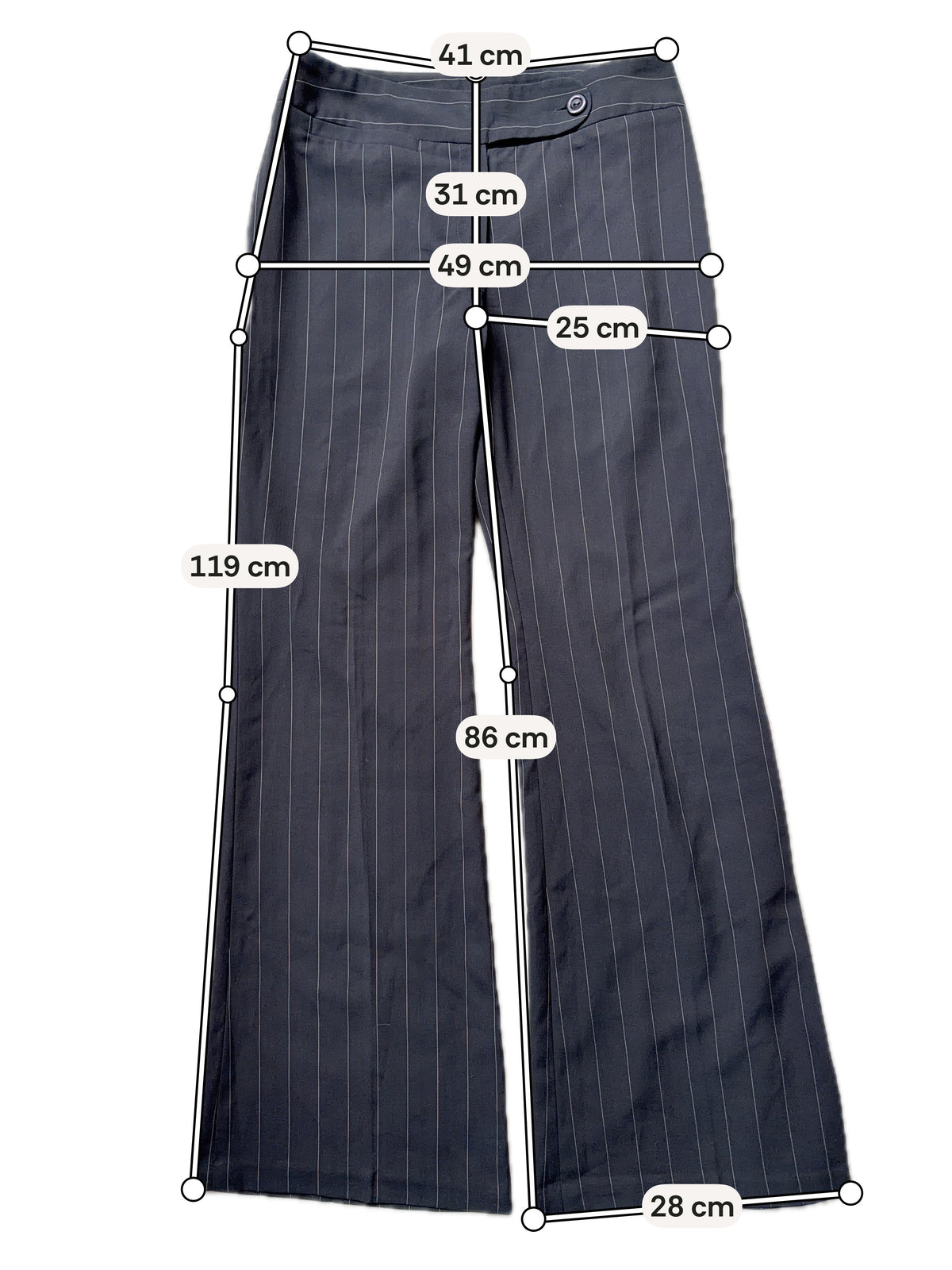 Pantalon noir à fines rayures blanches coupe flare – taille M
