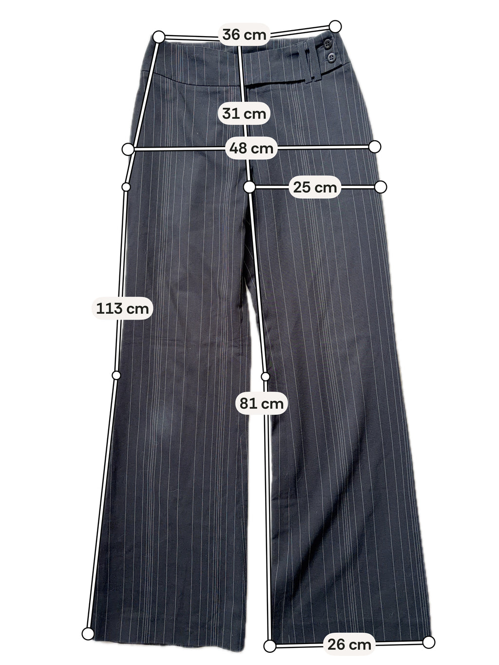 Pantalon noir pinstripe coupe flare à large ceinture – taille M