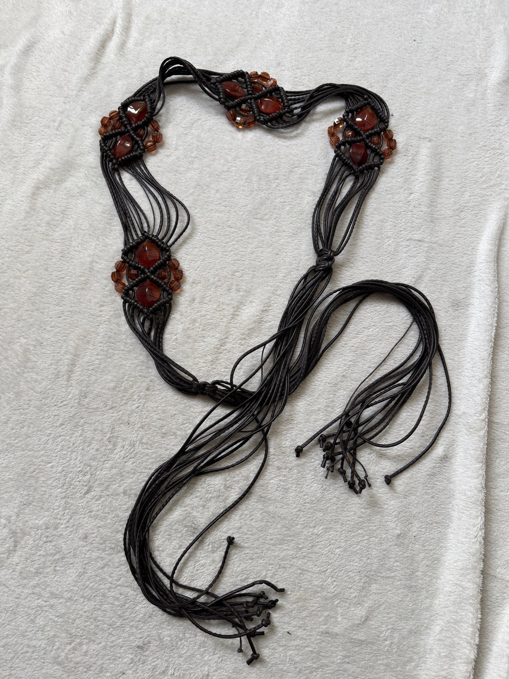 Ceinture de taille macramé marron perles orange ambré – ajustable