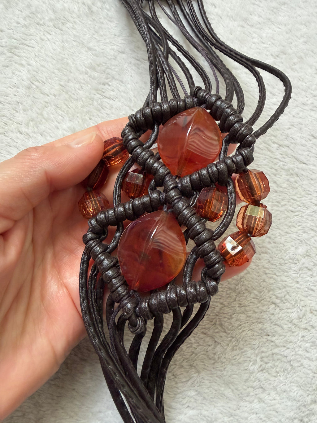 Ceinture de taille macramé marron perles orange ambré – ajustable