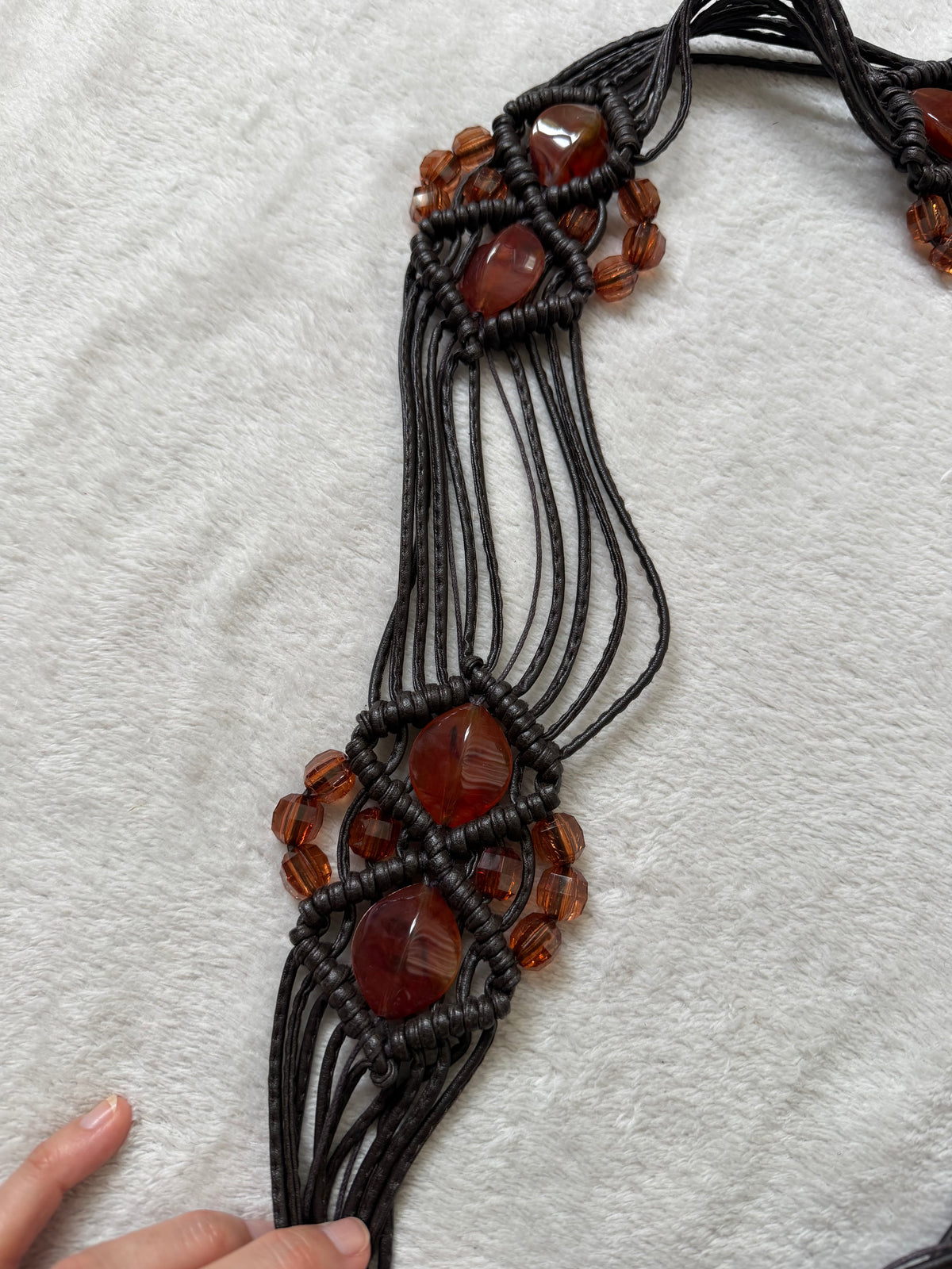 Ceinture de taille macramé marron perles orange ambré – ajustable