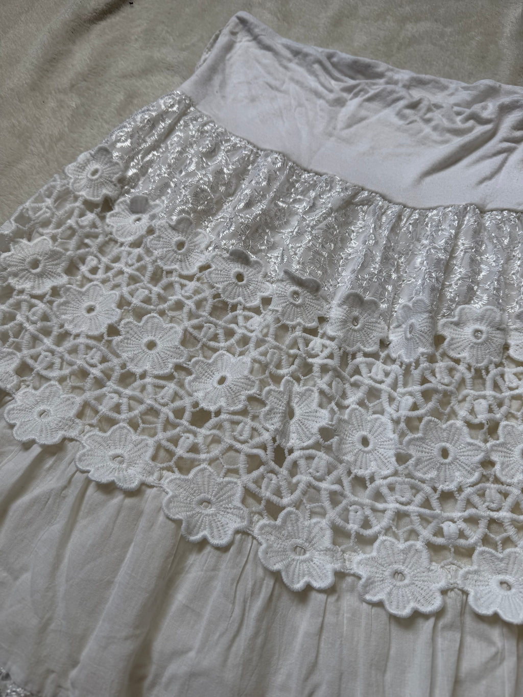 Jupe longue blanche dentelle crochet floral à volants – taille S/M/L