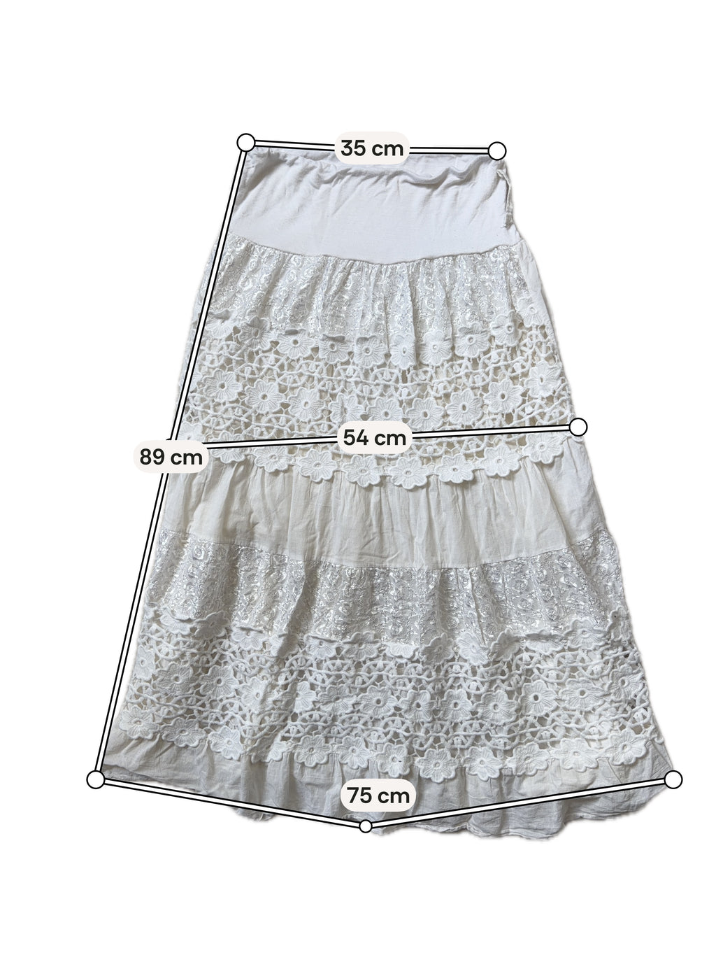 Jupe longue blanche dentelle crochet floral à volants – taille S/M/L