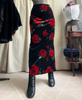 Jupe maxi noire en velours à roses rouges style whimsigoth - taille S