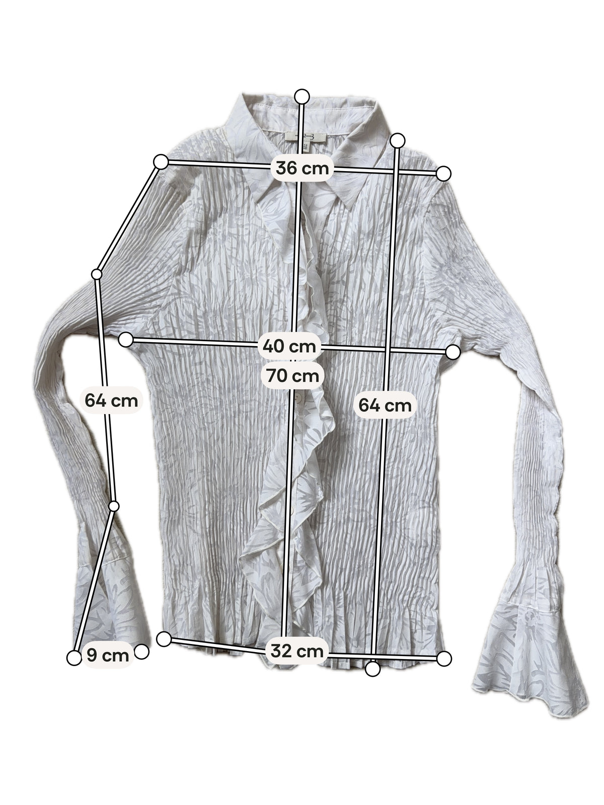 White pleated jabot shirt with flared sleeves – size L/XL