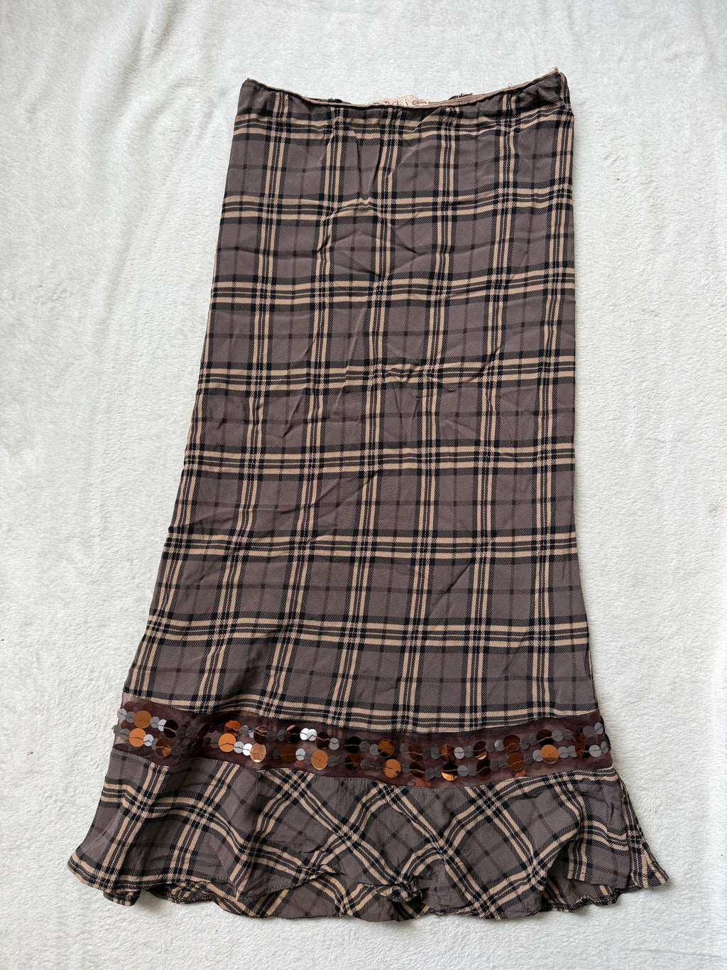 Jupe Maje marron à carreaux sequins et volant  – taille S/M