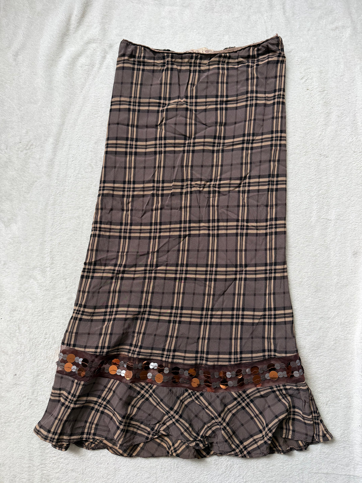 Jupe Maje marron à carreaux sequins et volant  – taille S/M