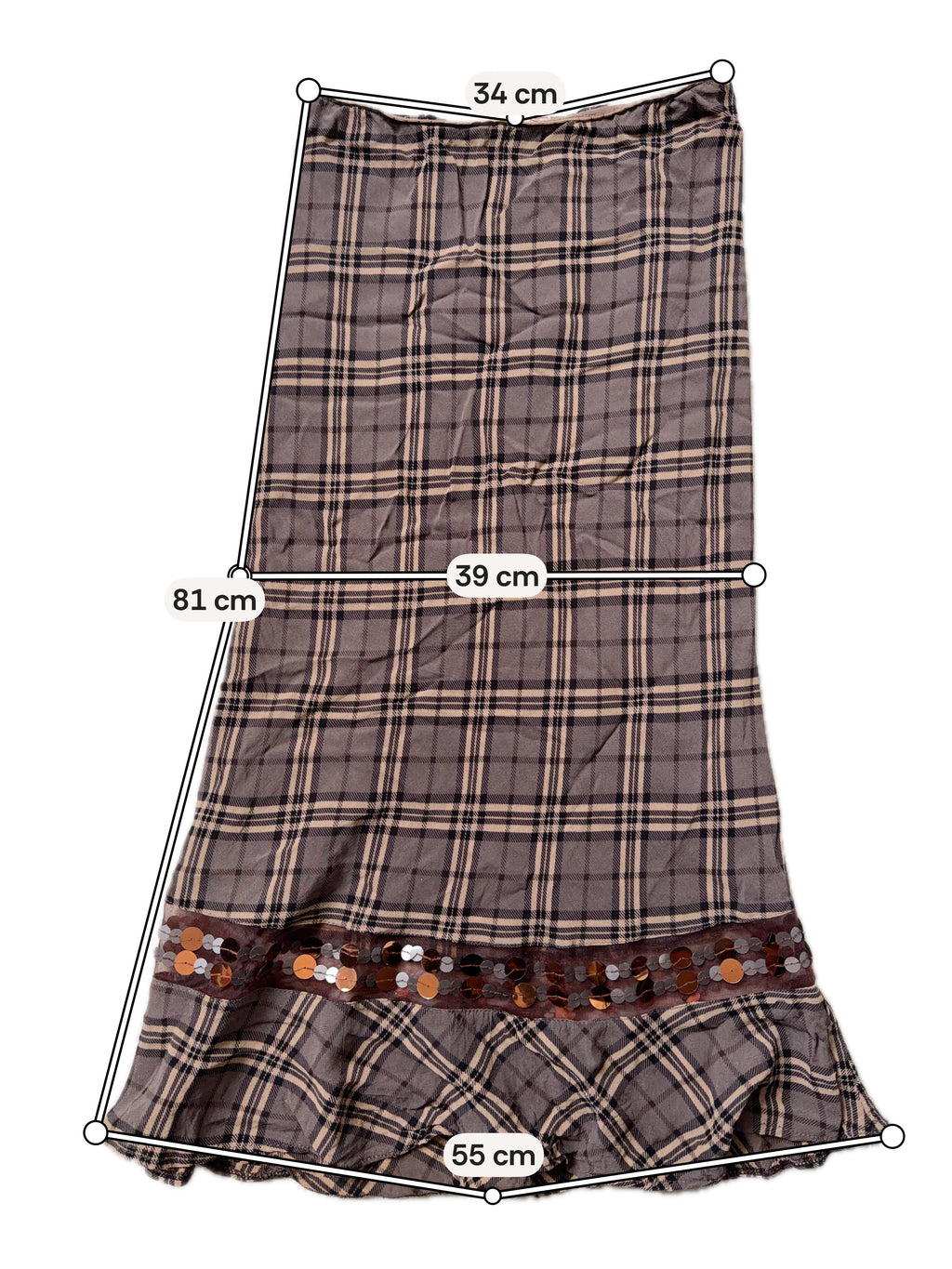 Jupe Maje marron à carreaux sequins et volant  – taille S/M