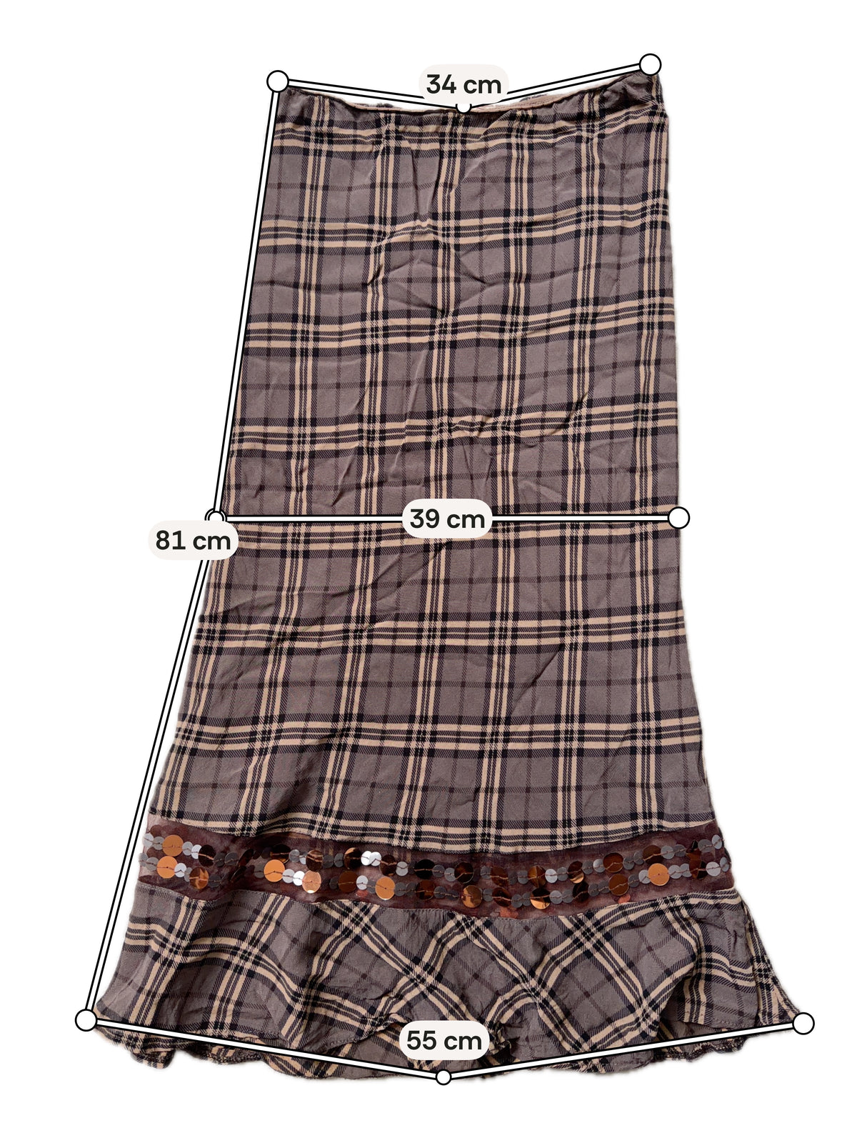 Jupe Maje marron à carreaux sequins et volant  – taille S/M