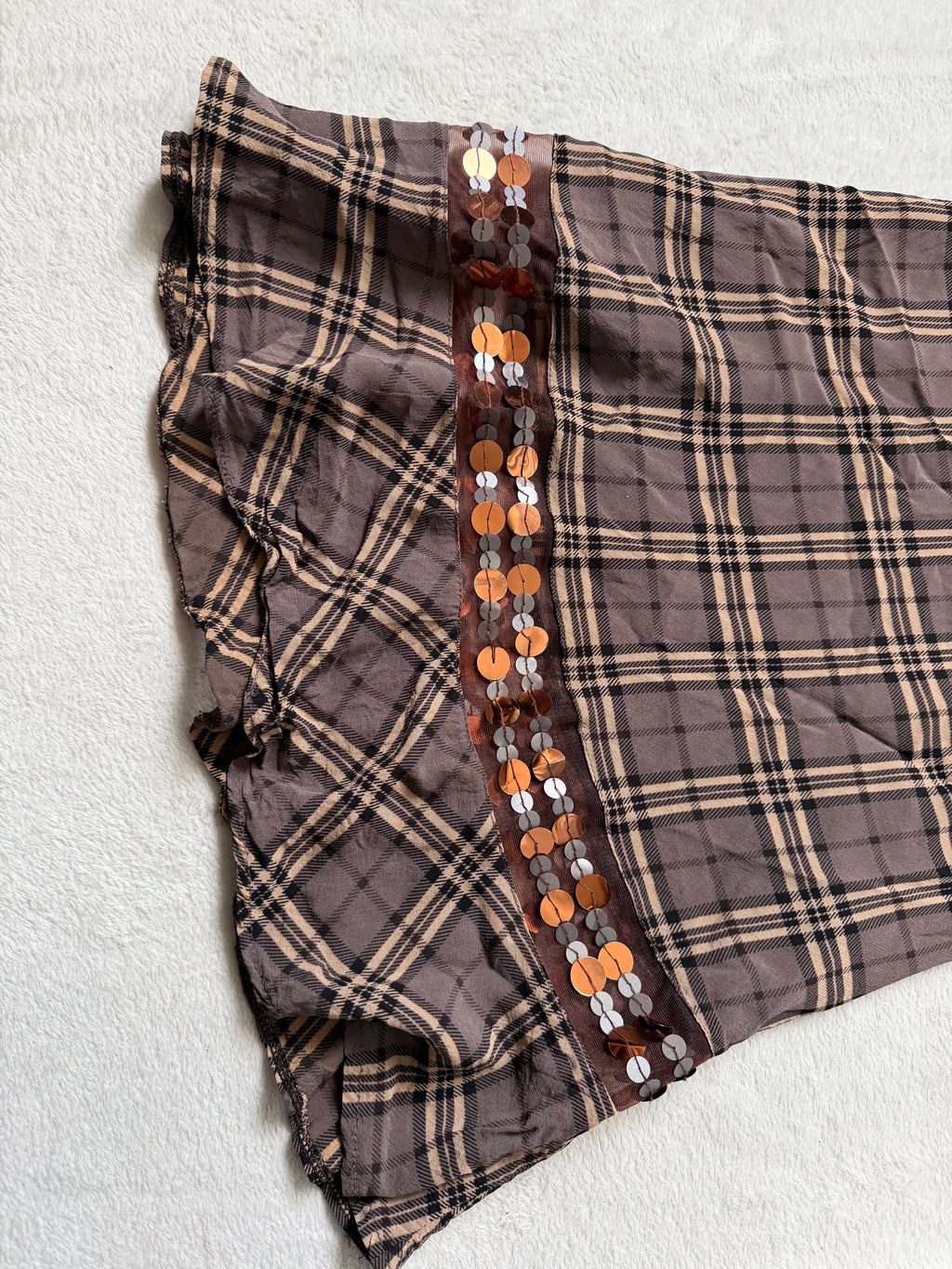 Jupe Maje marron à carreaux sequins et volant  – taille S/M