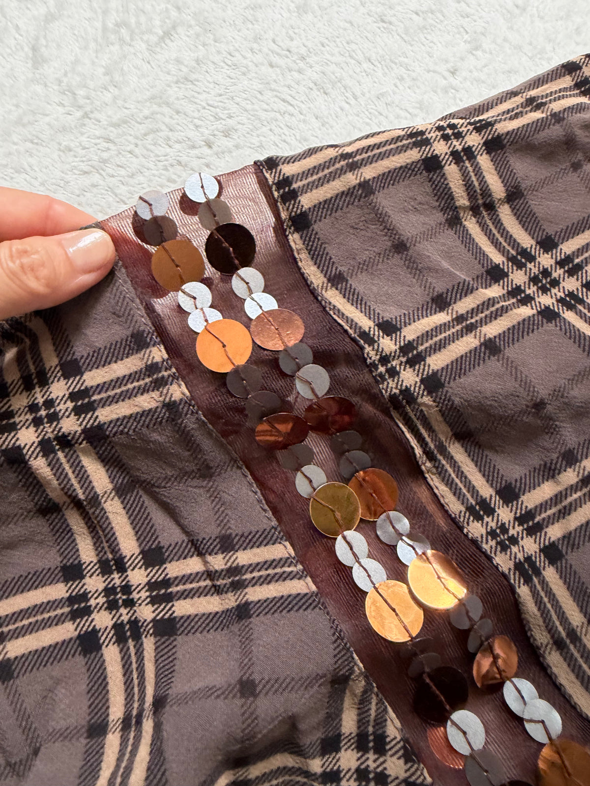 Jupe Maje marron à carreaux sequins et volant  – taille S/M