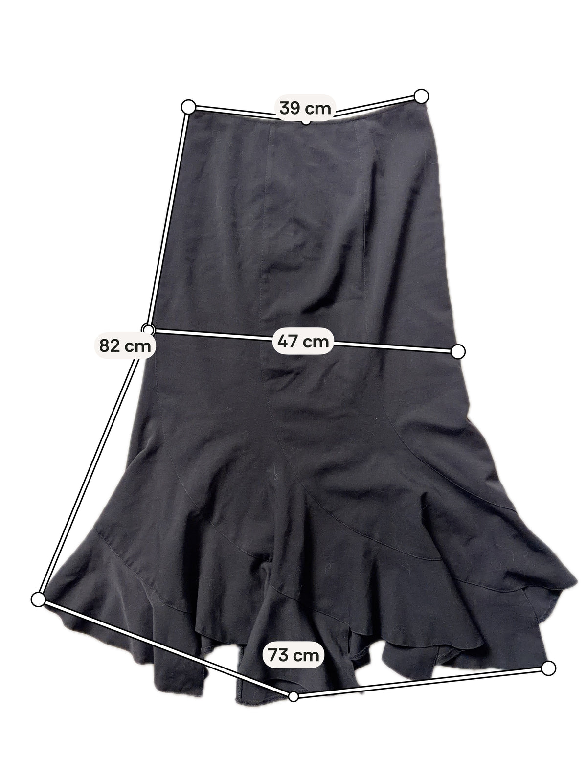 Jupe midi noire coupe sirène volants asymétriques  – taille S