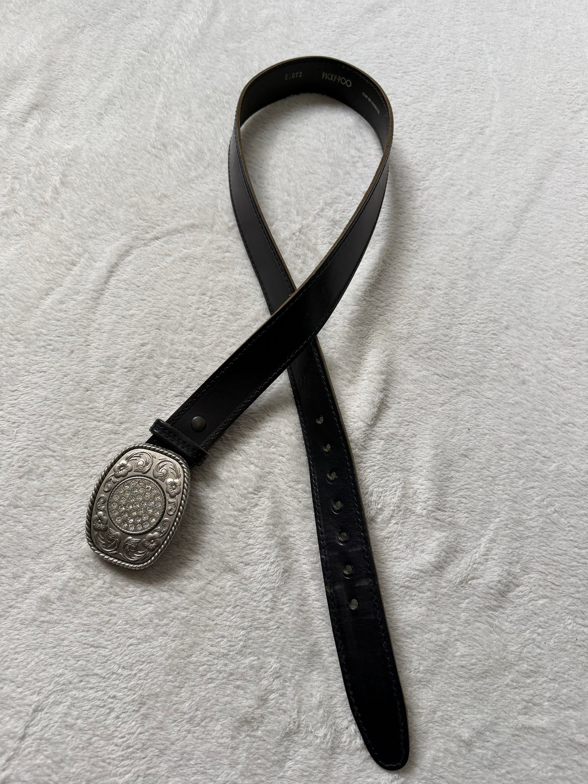 Ceinture cuir noir boucle western argentée à strass – taille 85